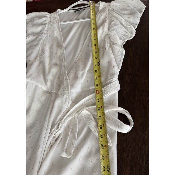 DREW Wrap Midi Dress White Gold Stardust Hi Low Ruffle S - Picture 6 of 12